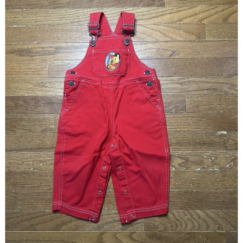 Vintage POOH Winnie The Pooh Baseball Red Denim Overalls 18 Months Y2K